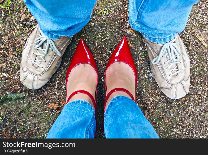 Two people meet each other in a park. Two people meet each other in a park