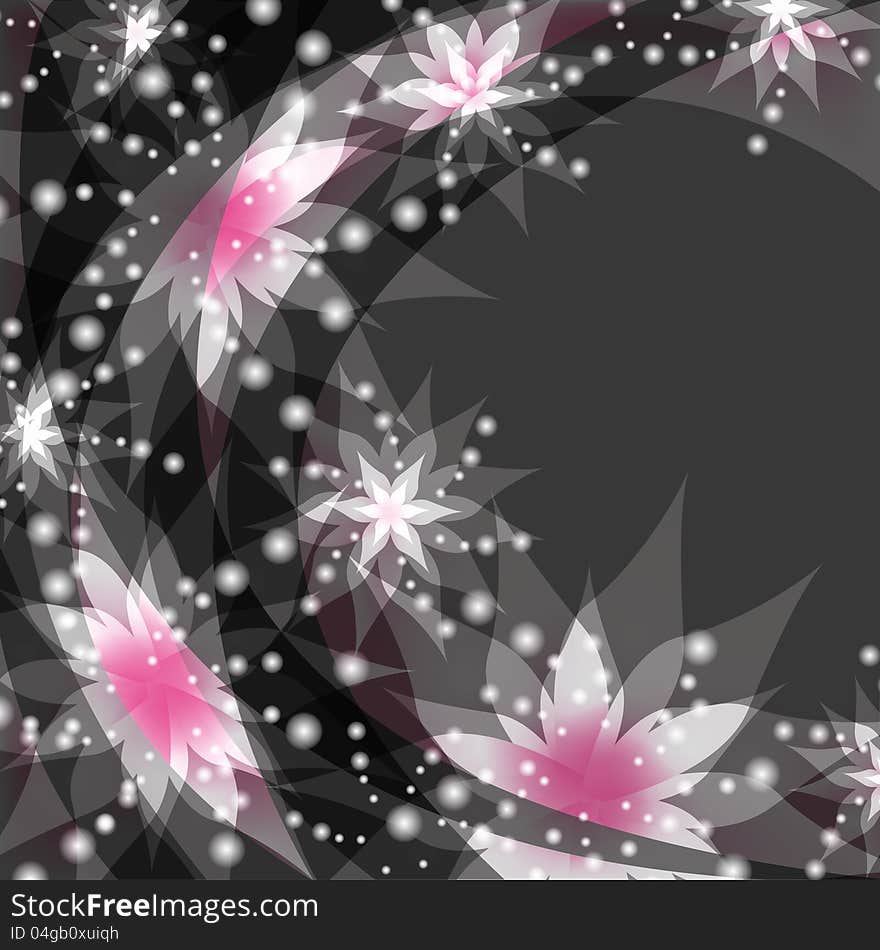 Abstract floral gray background with white and pink flowers lilies. Greeting or invitation card in retro or grunge stile. Place for text. Abstract floral gray background with white and pink flowers lilies. Greeting or invitation card in retro or grunge stile. Place for text.