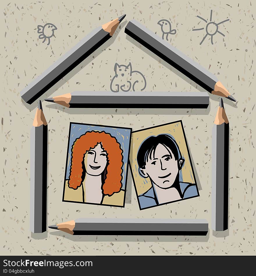 Collage with image of two unrecognizable, young pretty people in the house from pencils on the craft paper. Color vector illustration. Collage with image of two unrecognizable, young pretty people in the house from pencils on the craft paper. Color vector illustration.