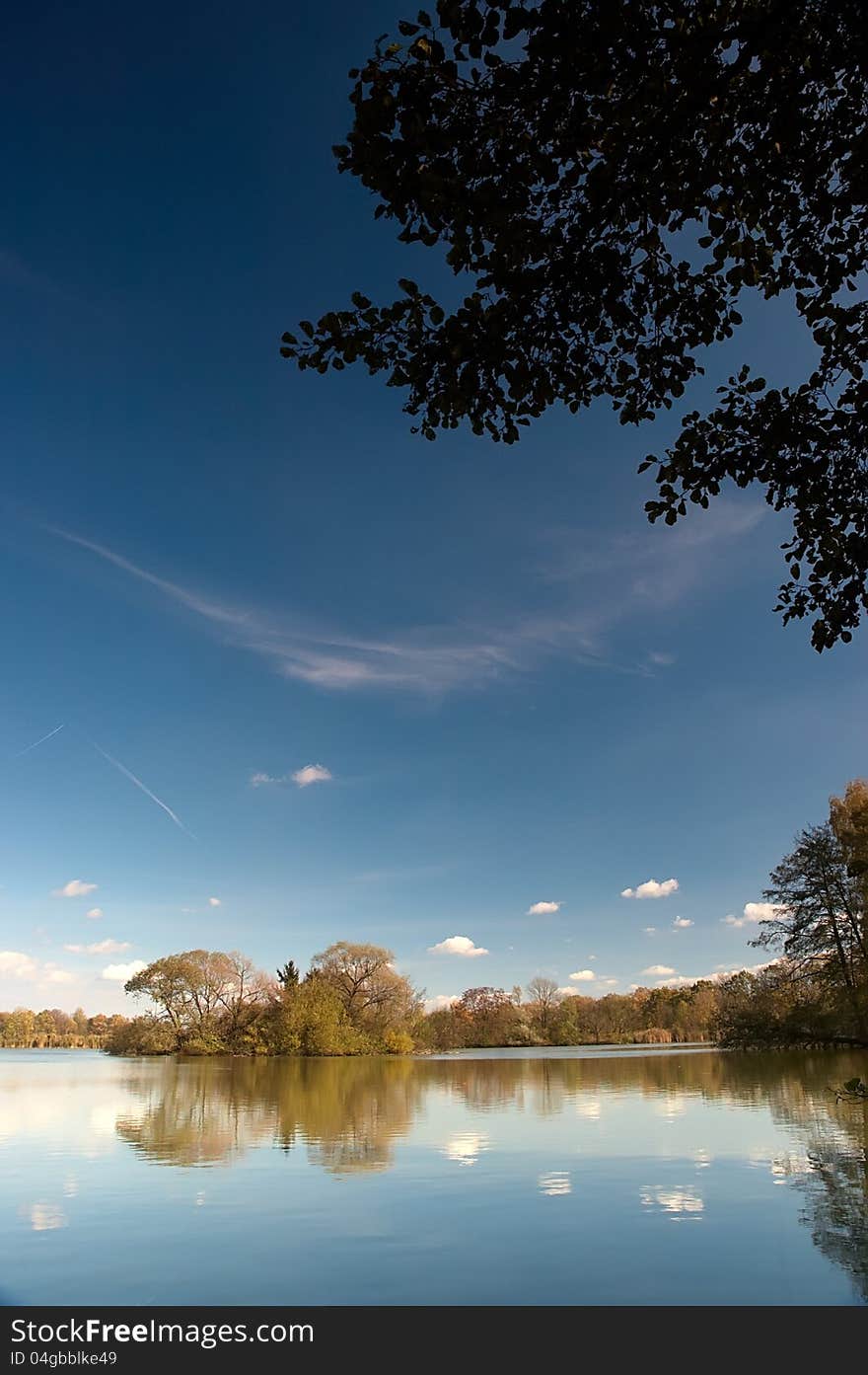 Autumn pond with islands and trees