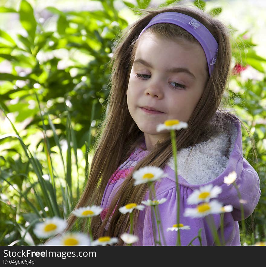 Beautiful little  girl  among camomiles in a garden. Beautiful little  girl  among camomiles in a garden