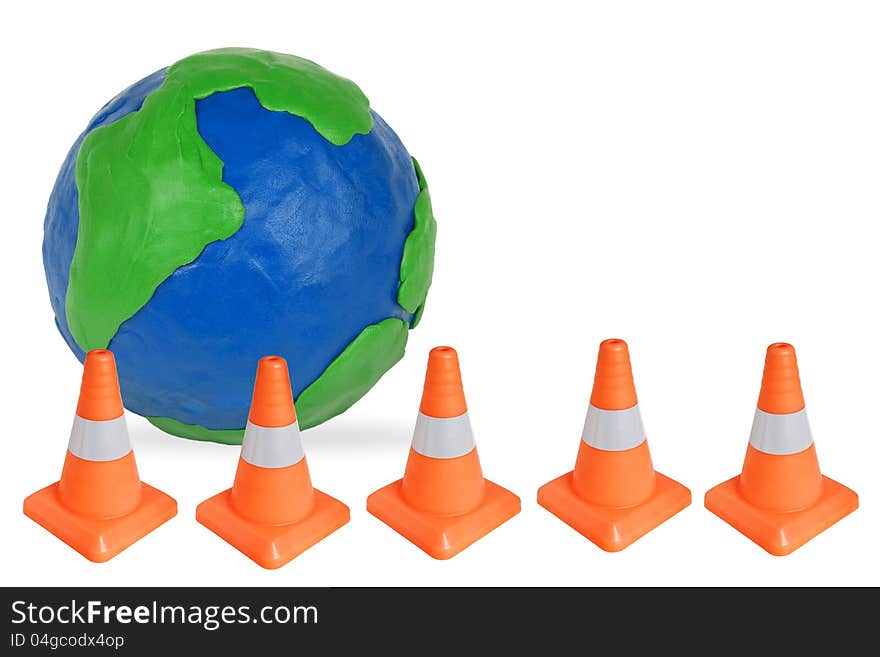 Plasticine Globe and emergency cones on a white background