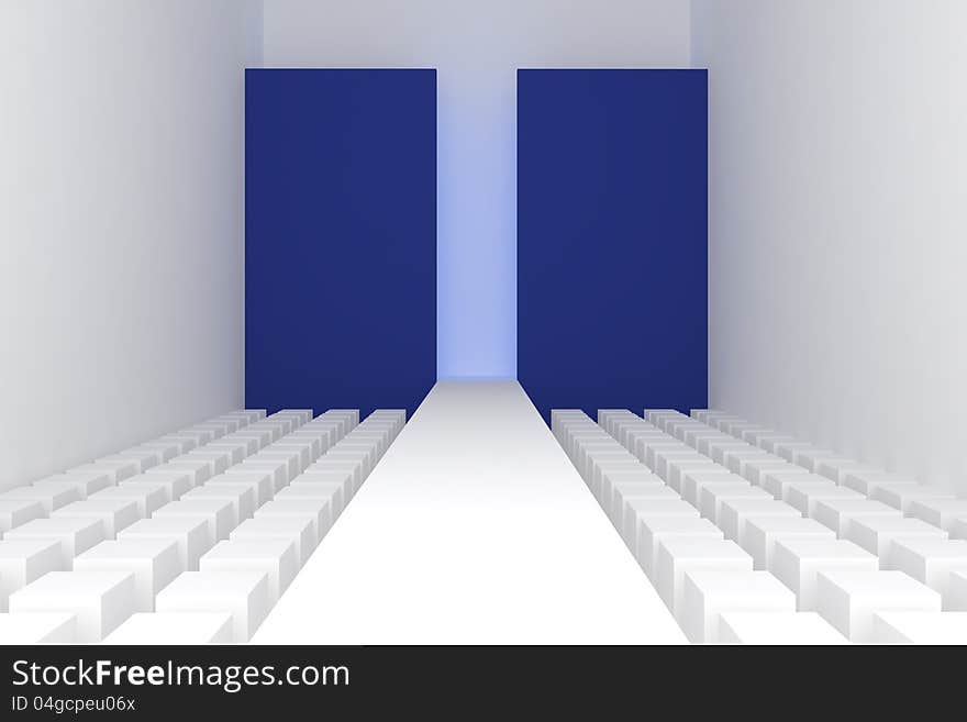 3d Empty fashion runway blue background.