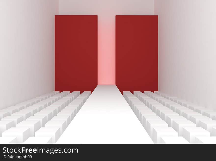 3d Empty fashion runway red background.