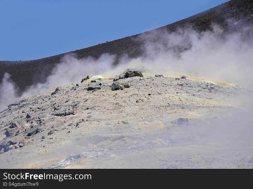 Walking in the ctrater of the volcano. Volcano island. Italy. Walking in the ctrater of the volcano. Volcano island. Italy.