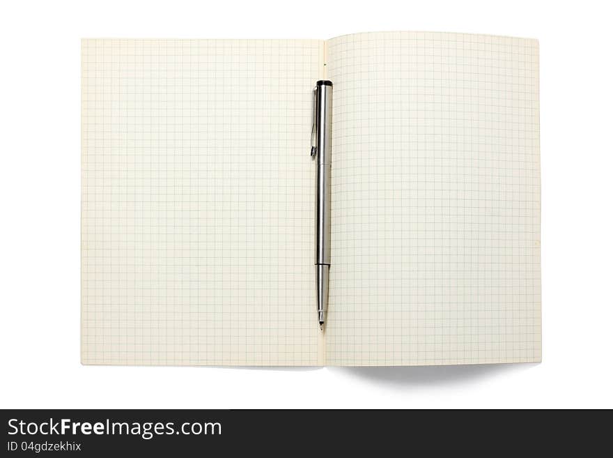 Blank open book and pen on white background