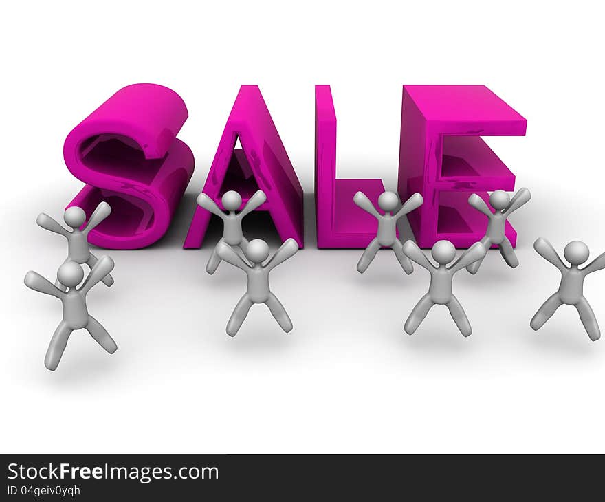 A group of cartoon illustration men jumping in front of a big sale 3D lettering. A group of cartoon illustration men jumping in front of a big sale 3D lettering