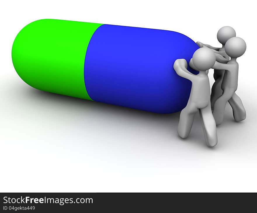 Small cartoon illustration men pushing a big medicine pill. Small cartoon illustration men pushing a big medicine pill.