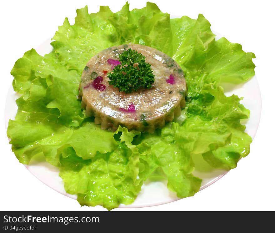 Meat snack with salad leaf on a white background. Meat snack with salad leaf on a white background