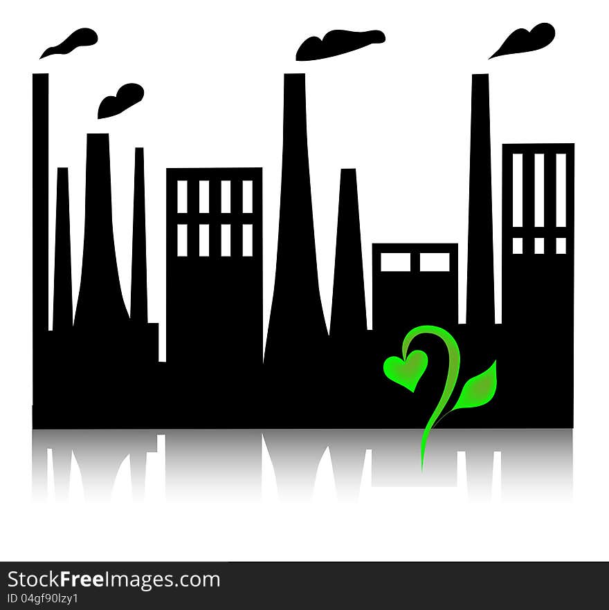 Industrial landscape. There are silhouettes of the plants, polluting environment emissions. and small green sprout. Industrial landscape. There are silhouettes of the plants, polluting environment emissions. and small green sprout