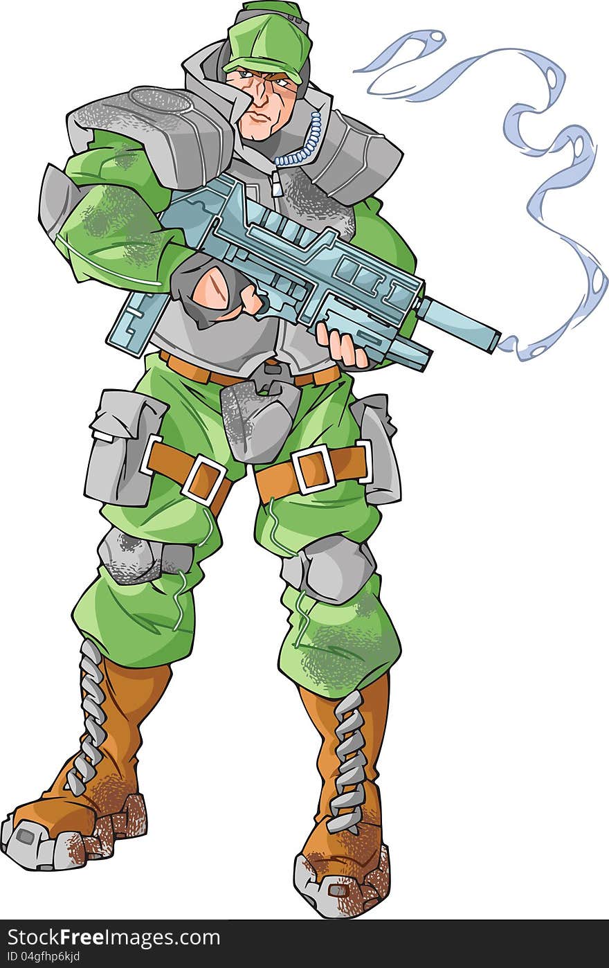 The illustration shows marine soldier. The soldier is standing with futuristic smoking gun in his arms. The illustration done in comic book style.