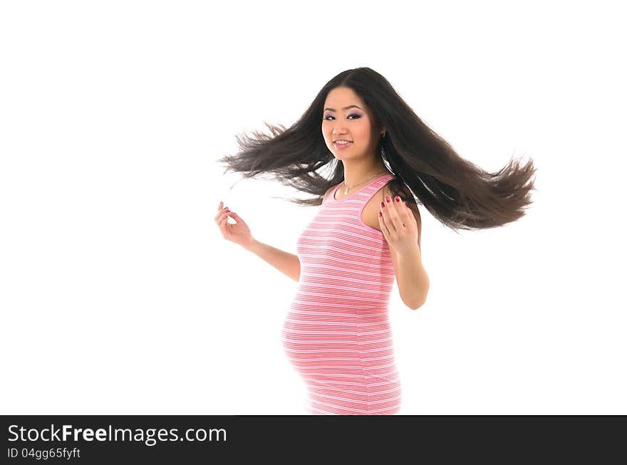 Pregnant Asian girl isolated on white background