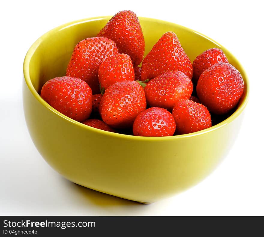 Fresh Ripe Perfect Strawberriy in yellow bowl isolated on white background. Fresh Ripe Perfect Strawberriy in yellow bowl isolated on white background