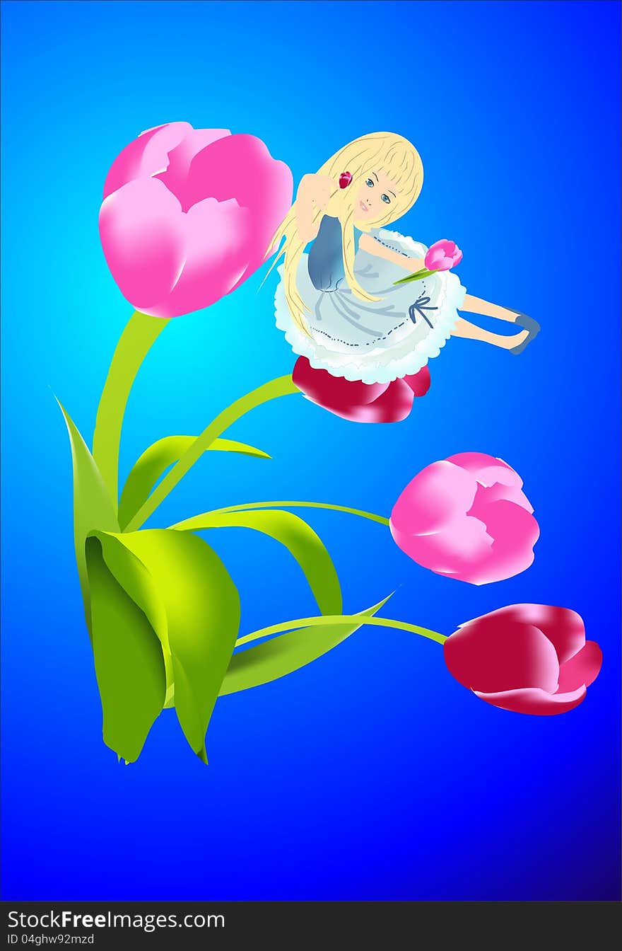 Thumbelina girl sits on tulip