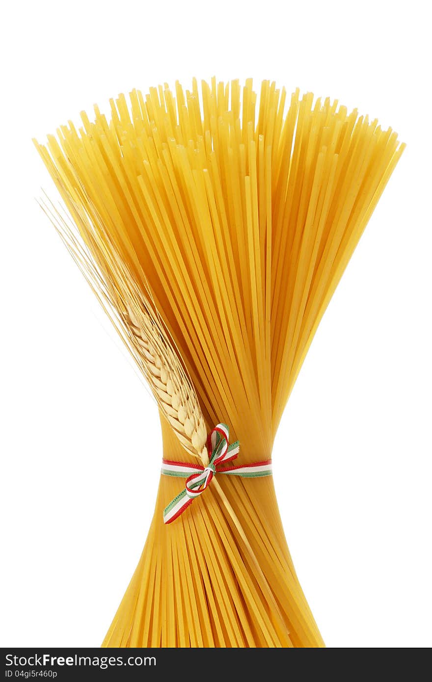 Spaghetti tied with a ribbon on white background