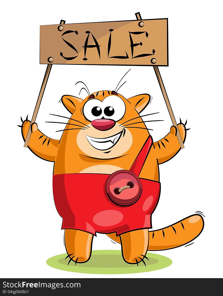 Red cat with a tablet with the inscription sale