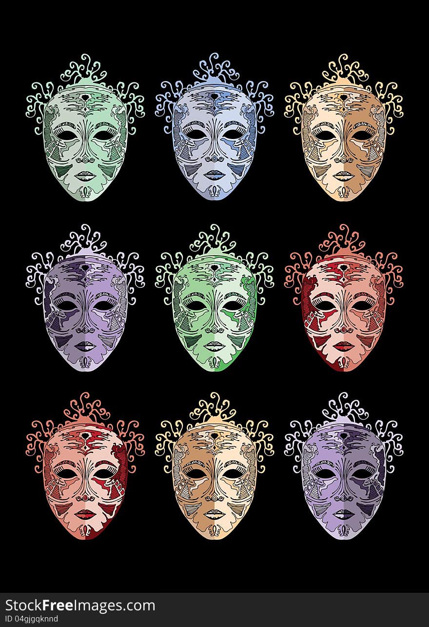 Masques- nine different examples of same masque on black background