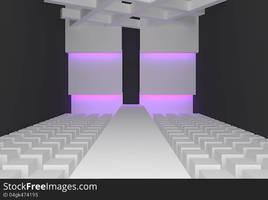 Empty fashion runway purple color lighting and black wall.