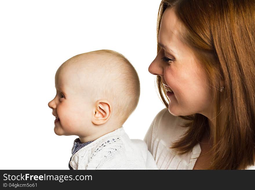 Portrait of mother and child in profile on a white background