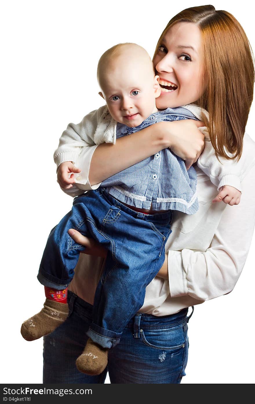 Portrait of mother holding child.