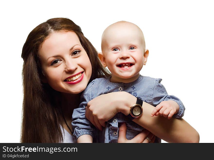 Portrait of mother holding child.