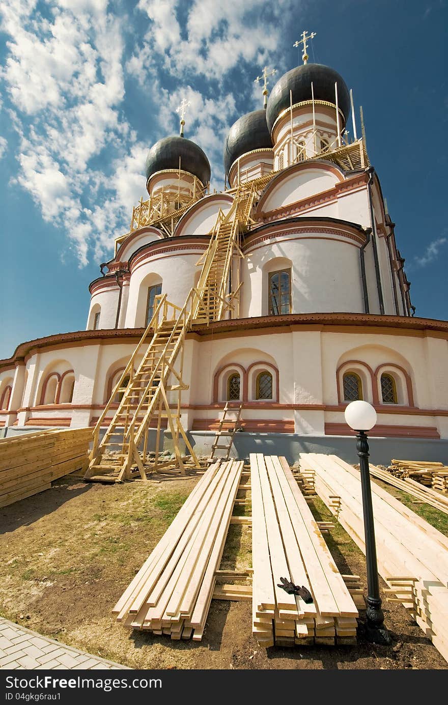 Scaffolding near the temple. Valdai. Russia. Scaffolding near the temple. Valdai. Russia