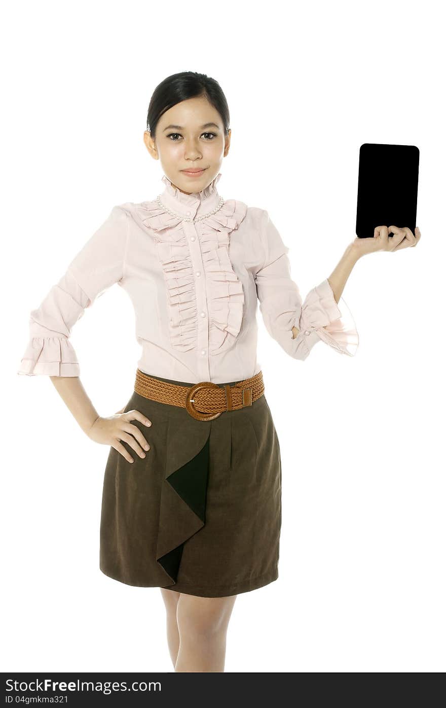 Young asian woman hold touchscreen computer. You can put your message on the pad. Young asian woman hold touchscreen computer. You can put your message on the pad