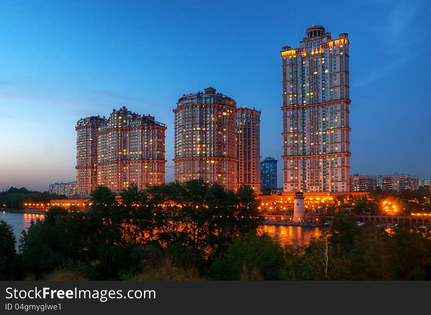 Inhabited Skyscrapers At Night In Moscow