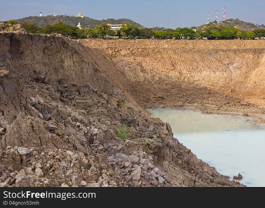 Soil avalanche of the pond.