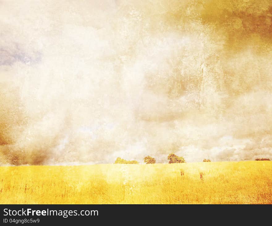 Grungy background with summer landscape and the sky