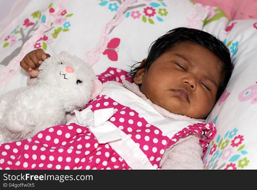 Cute little Indian newborn baby girl (two months) fast asleep and holding a fluffed toy cat. Cute little Indian newborn baby girl (two months) fast asleep and holding a fluffed toy cat