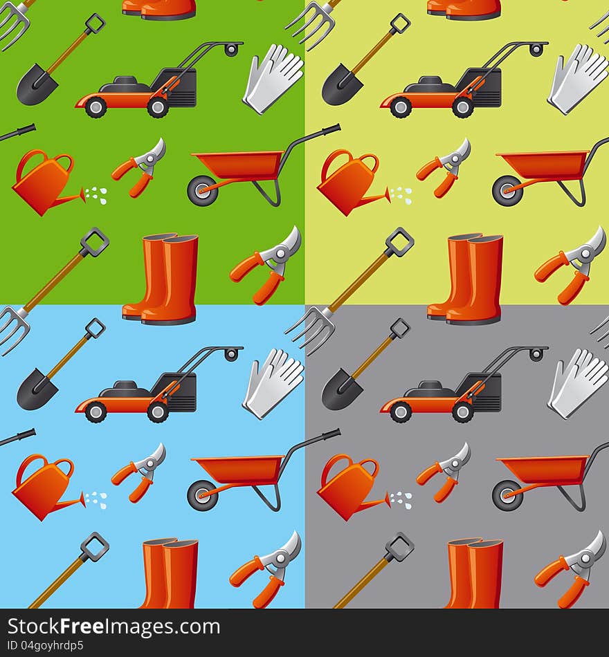 Garden tools seamless pattern in four different color background