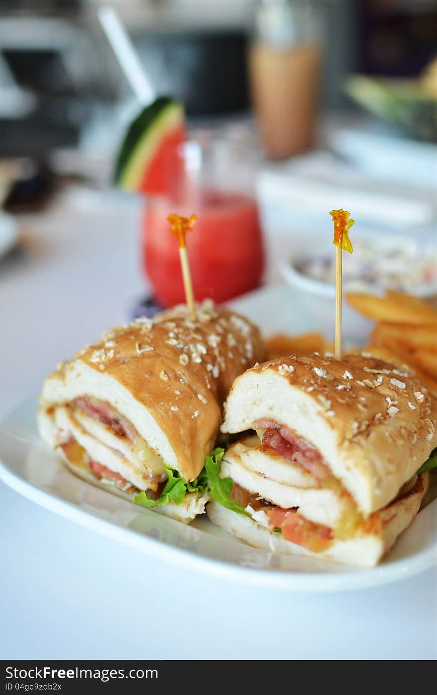 Club sandwich chicken burger with ham