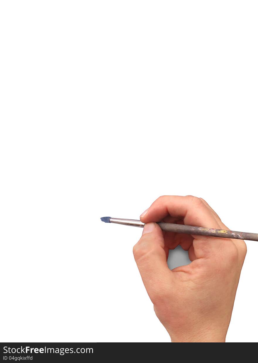 Close-up of the hand holding an artists brush against a blank white background.  Suitable for background, copy, text, or an illustration. Close-up of the hand holding an artists brush against a blank white background.  Suitable for background, copy, text, or an illustration.