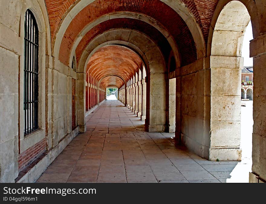 Ancient exterior hallway of Royal Palace in Aranjuez (Madrid,Spain)