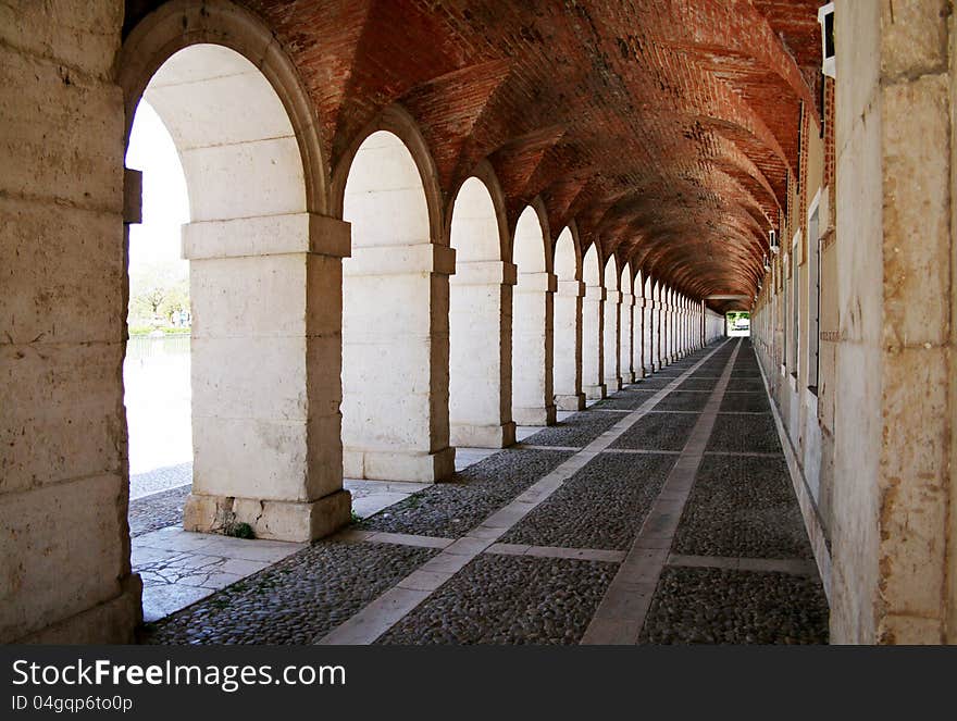 Ancient exterior hallway of Royal Palace in Aranjuez (Madrid,Spain)