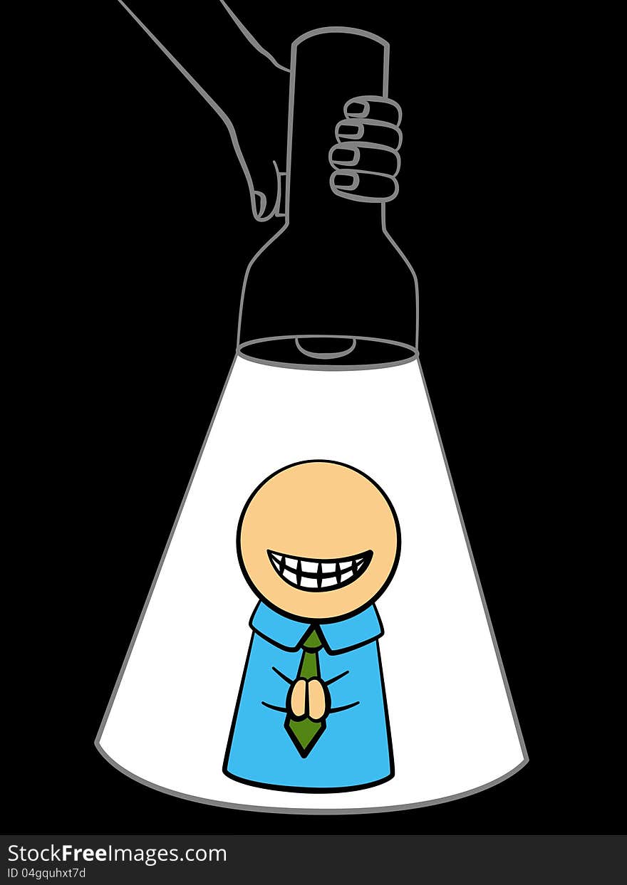 A funny looking business man having a spotlight from a flashlight. A funny looking business man having a spotlight from a flashlight