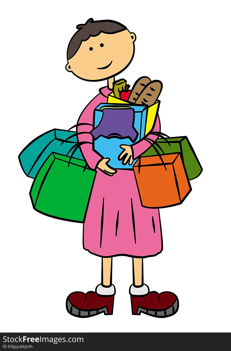 A cartoon female character carrying lots of shopping items and bags. A cartoon female character carrying lots of shopping items and bags