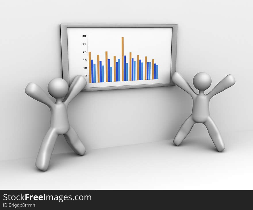 Two cartoon men exclaiming joy over the data on a white board. Two cartoon men exclaiming joy over the data on a white board