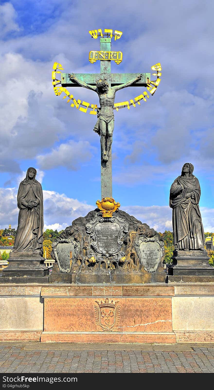 Cross statue on Charles bridge , Prague. Cross statue on Charles bridge , Prague