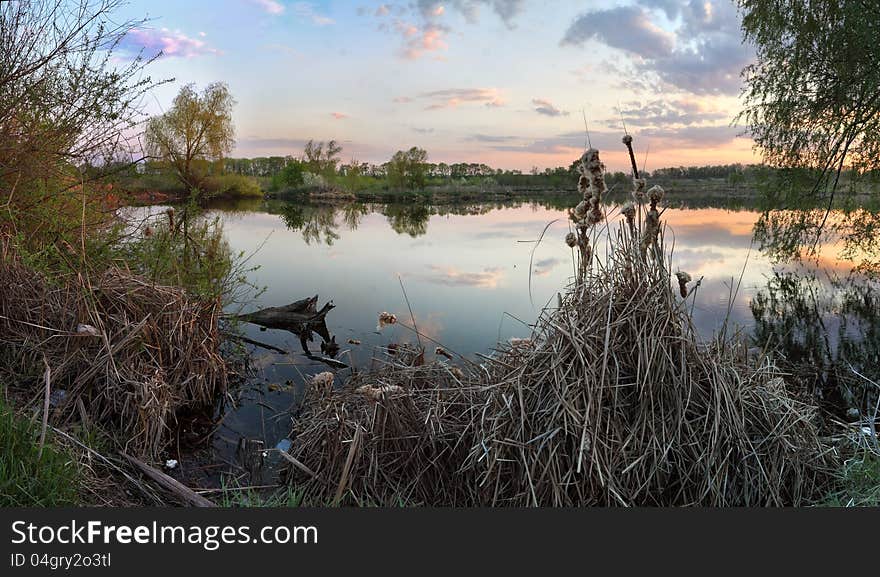 Pond panorama in the twilight of day from five shots. Pond panorama in the twilight of day from five shots