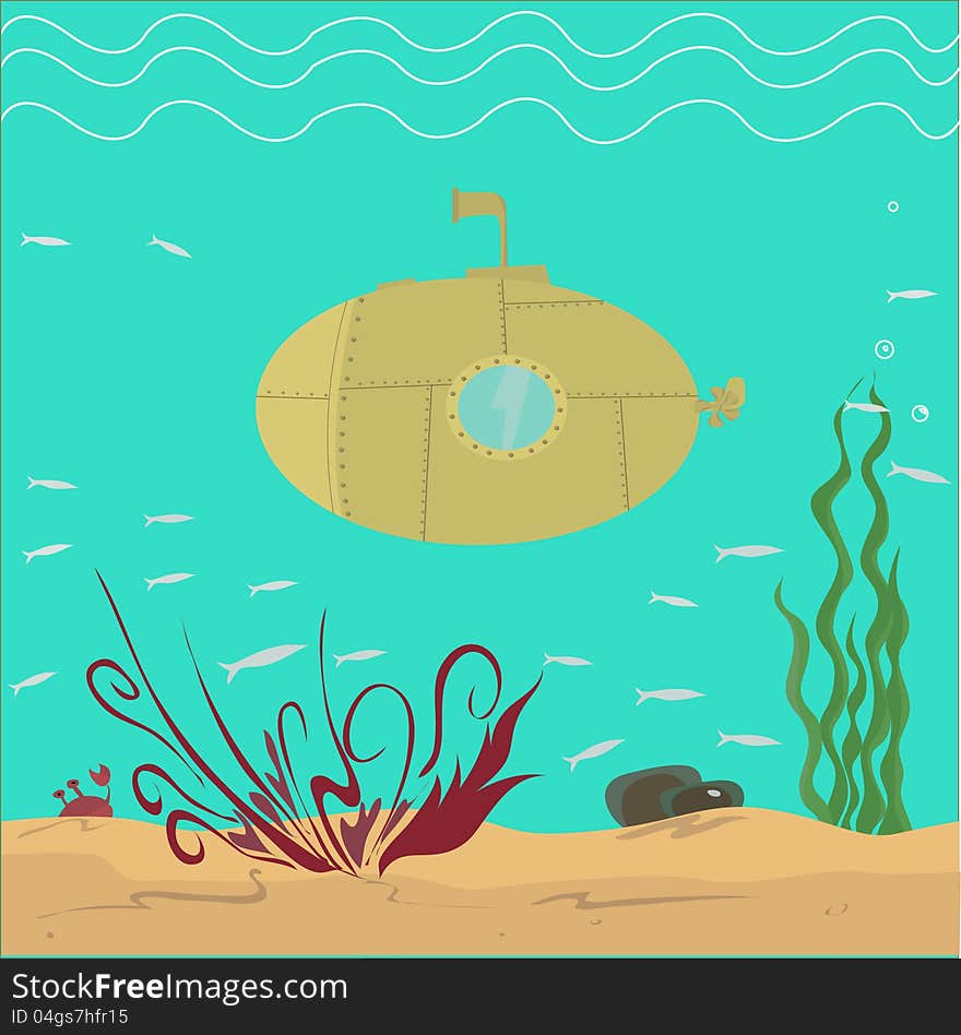 Vector illustration of submarine in the sea