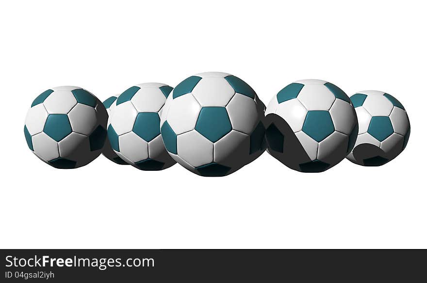 3D rendered cyan soccer balls on white background