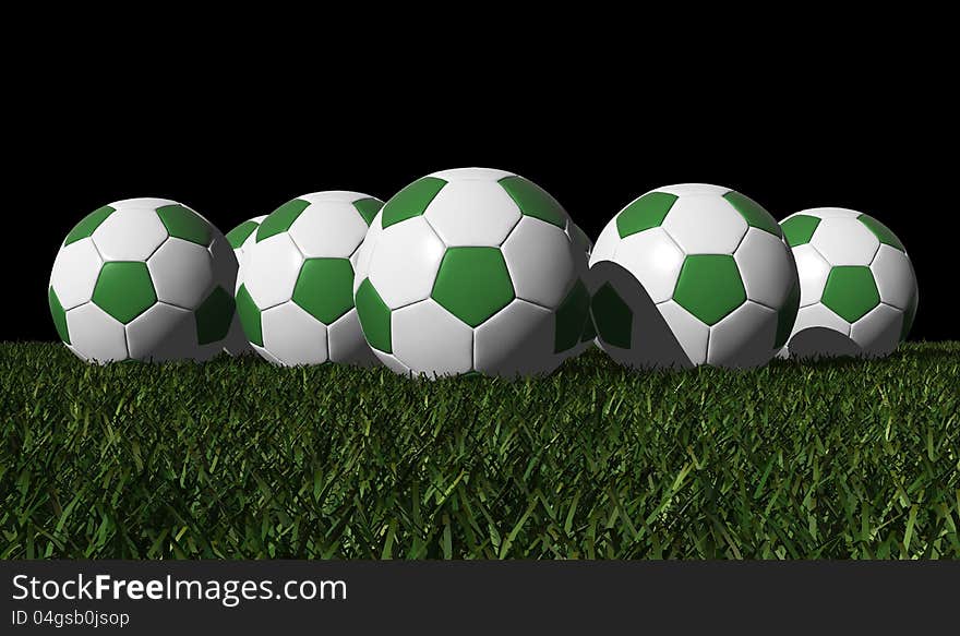 Green soccer balls on a green grass - black background