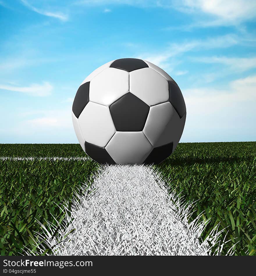 Close up of soccer ball on the field with blue sky