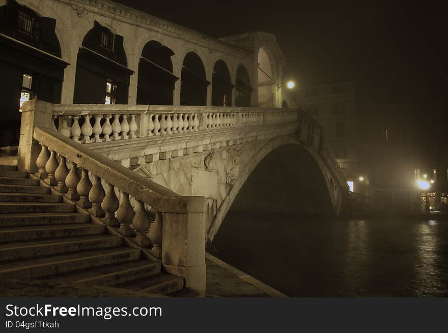 Rialto Bridge on a misty winters night