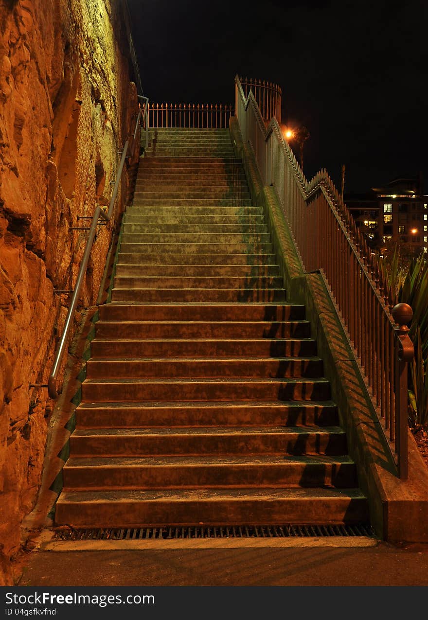 Steps leading up the Sydney Quays at night. Steps leading up the Sydney Quays at night