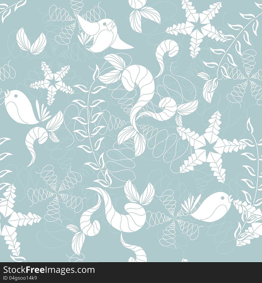 Seamless blue pattern with birds and flowers. Seamless blue pattern with birds and flowers