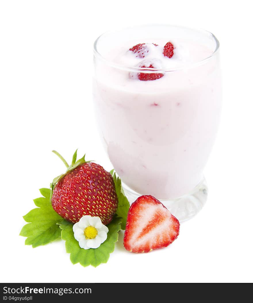 Glass with Strawberries yogurt on a white background