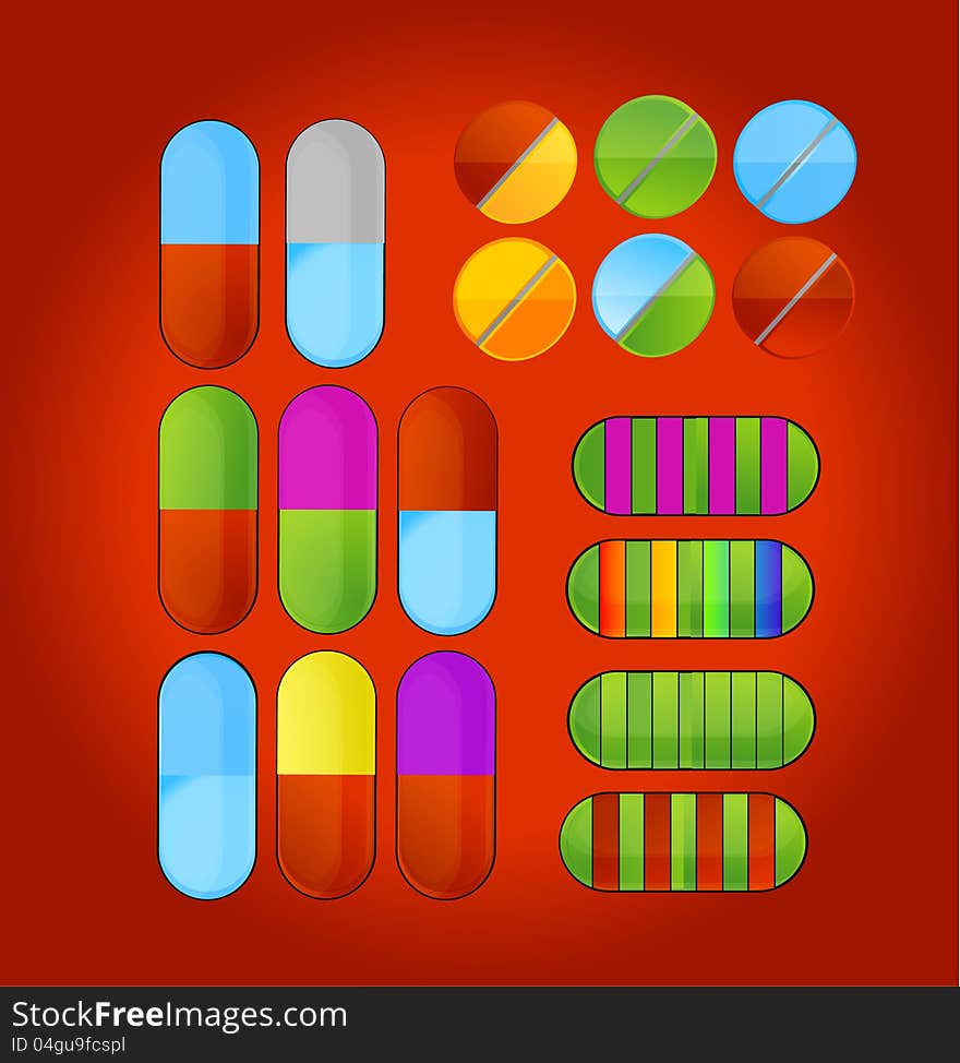 Shiny colored medic pills symbols set